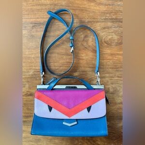Fendi Demi Jour Monster Crossbody Handbag Medium Blue Pink Strap Purse Hand Bag